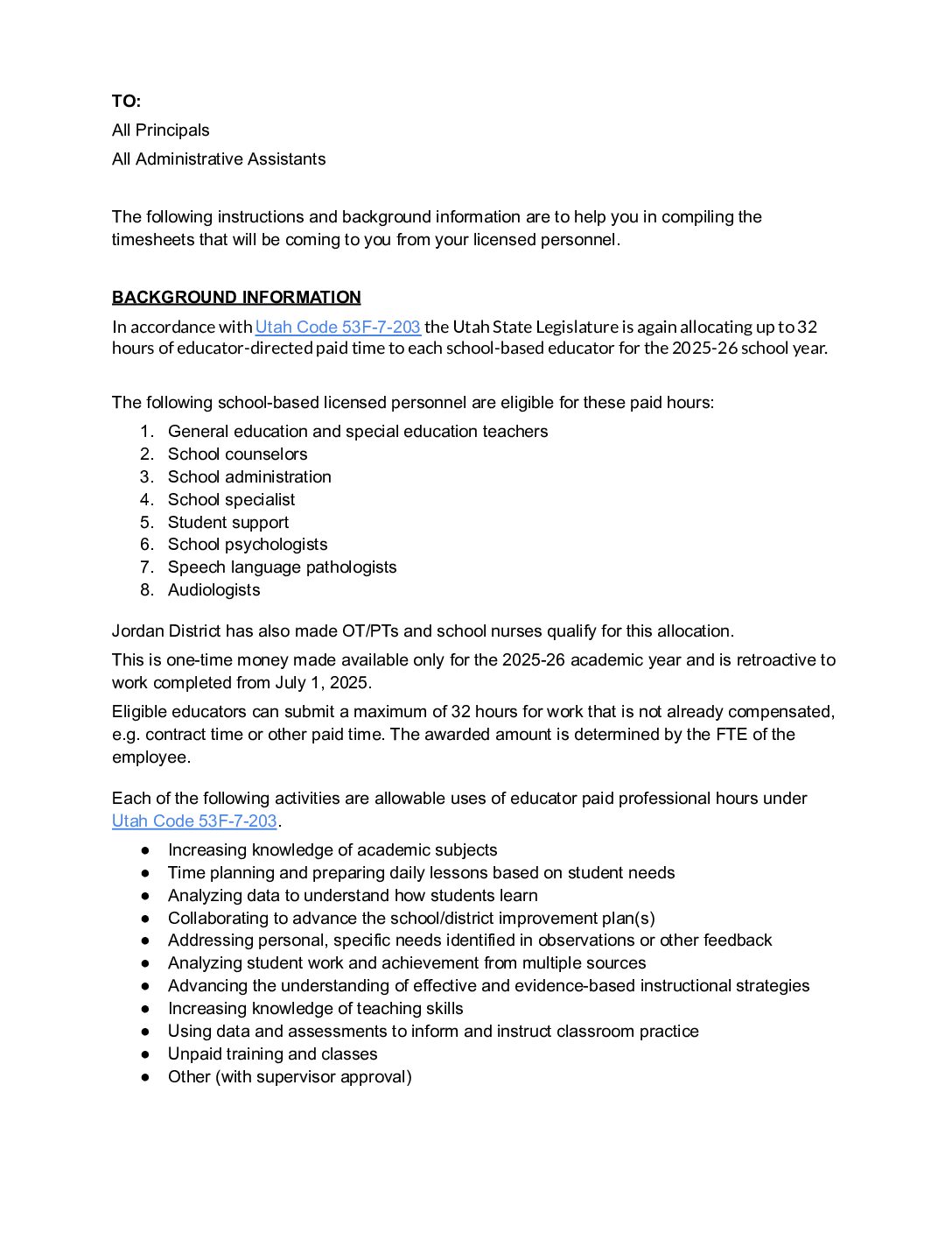 Educator Directed 32 Hours Instructions for Prin Admin Asst 2025-26