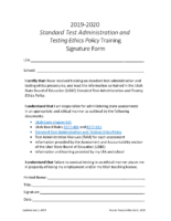 Standard Test Administration and Testing Ethics Training Signature Form, 2019-20